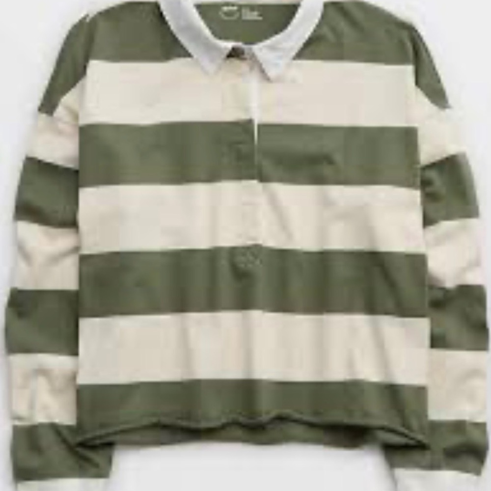 aerie Olive & Cream Striped Long Sleeve Rugby Shirt